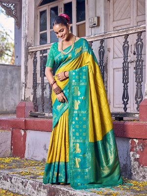 Premium Lemon Yellow Geometric & Animal Motif Weaving Saree With Decorative Tassel Pallu - Image 1