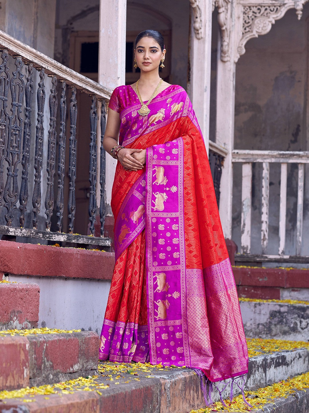 Premium Red Geometric & Animal Motif Weaving Saree With Decorative Tassel Pallu - Image 1