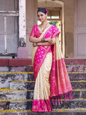 Premium Cream Geometric & Animal Motif Weaving Saree With Decorative Tassel Pallu - Image 1