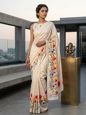 Cream Tussar Silk Saree with Elegant Floral Printed Border for a Timeless Ethnic Look - Image 1