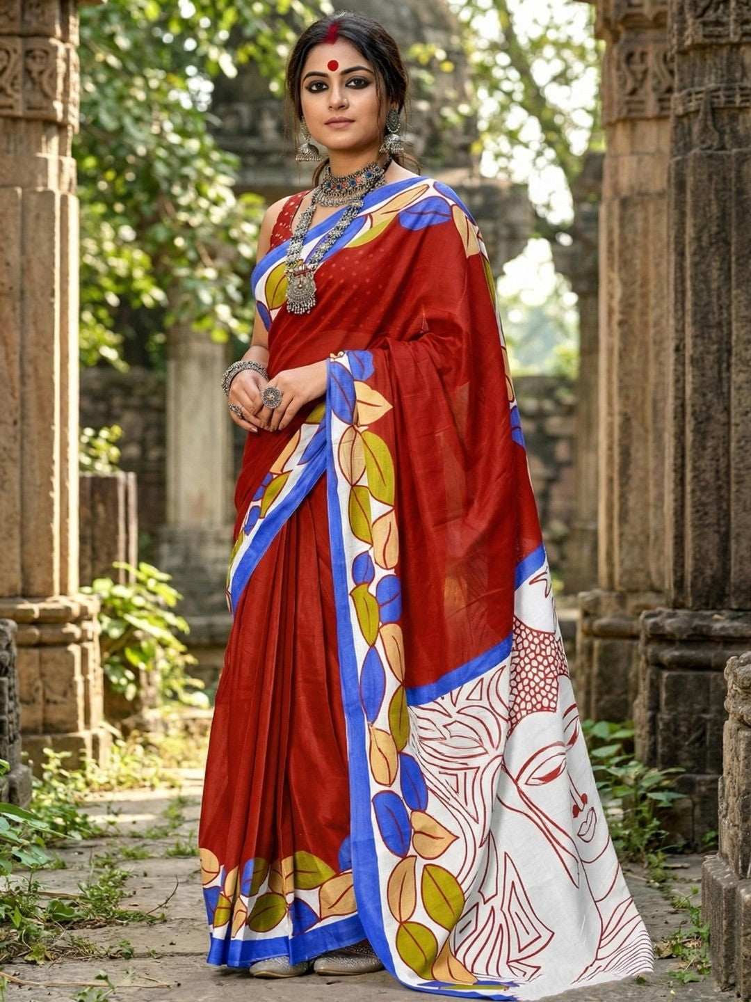 Classic Brick Red Leaf Printed Mulmul Cotton Saree With Buddha Inspired Pallu Design - Image 1