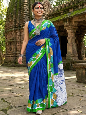 Classic Blue Leaf Printed Mulmul Cotton Saree With Buddha Inspired Pallu Design - Image 1