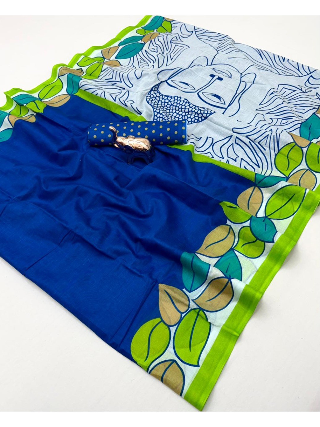 Classic Blue Leaf Printed Mulmul Cotton Saree With Buddha Inspired Pallu Design - Image 2