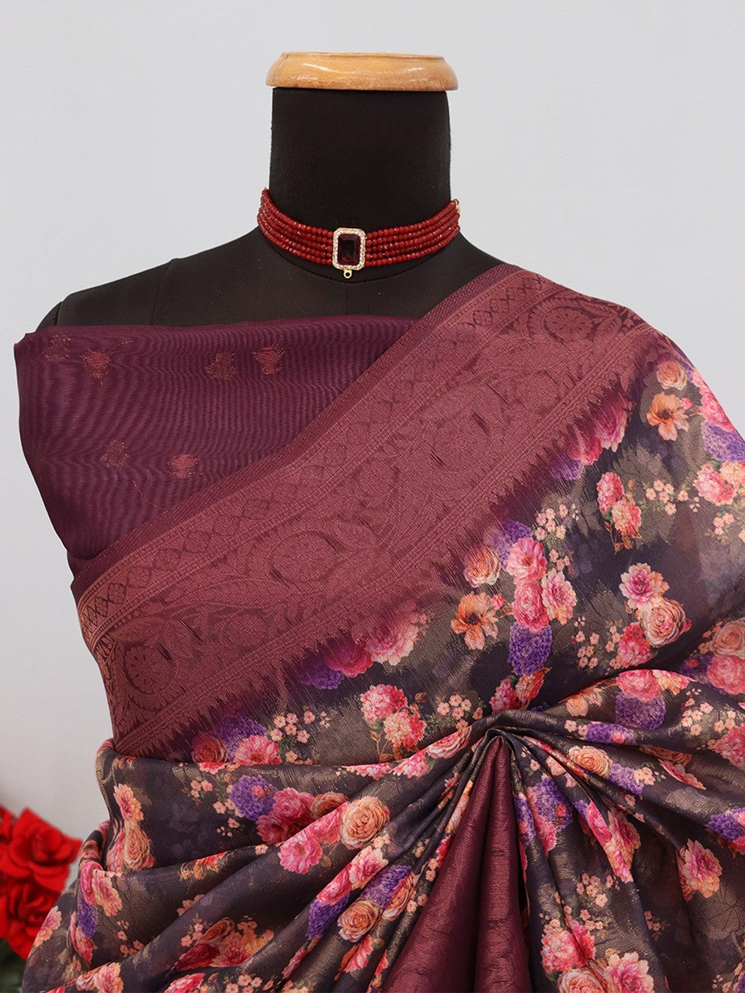 Graceful Black & Wine Floral Digital Printed Burbury Silk Blend Saree With Jacquard Weaving Border - Image 3