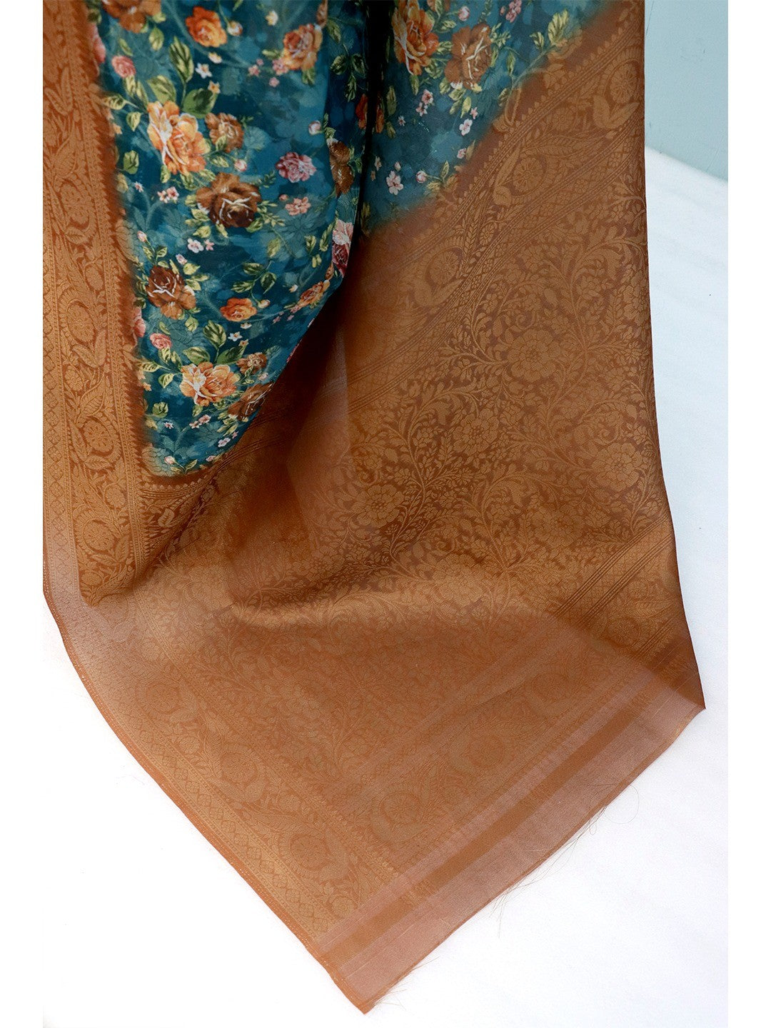 Graceful Teal Floral Digital Printed Burbury Silk Blend Saree With Jacquard Weaving Border - Image 2