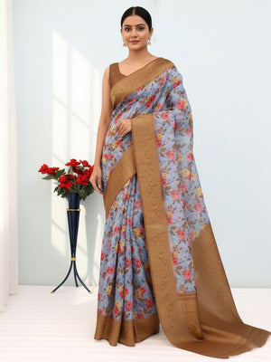 Graceful Greyish Blue & Brown Floral Digital Printed Burbury Silk Blend Saree With Jacquard Weaving Border - Image 1
