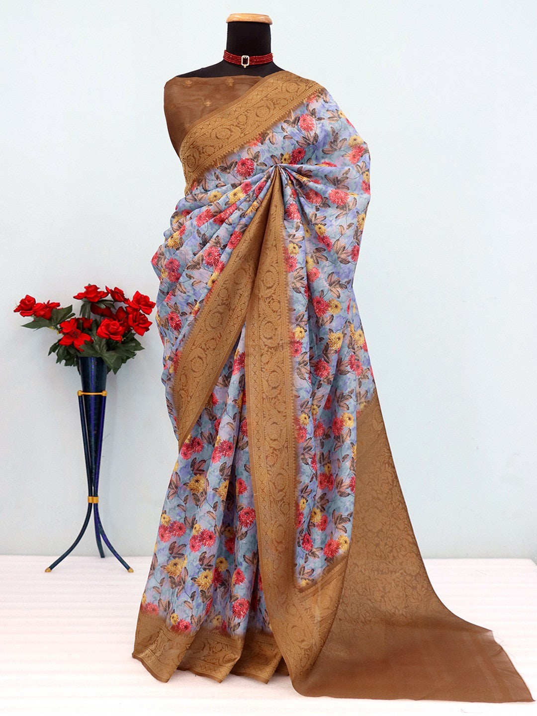 Graceful Greyish Blue & Brown Floral Digital Printed Burbury Silk Blend Saree With Jacquard Weaving Border - Image 4