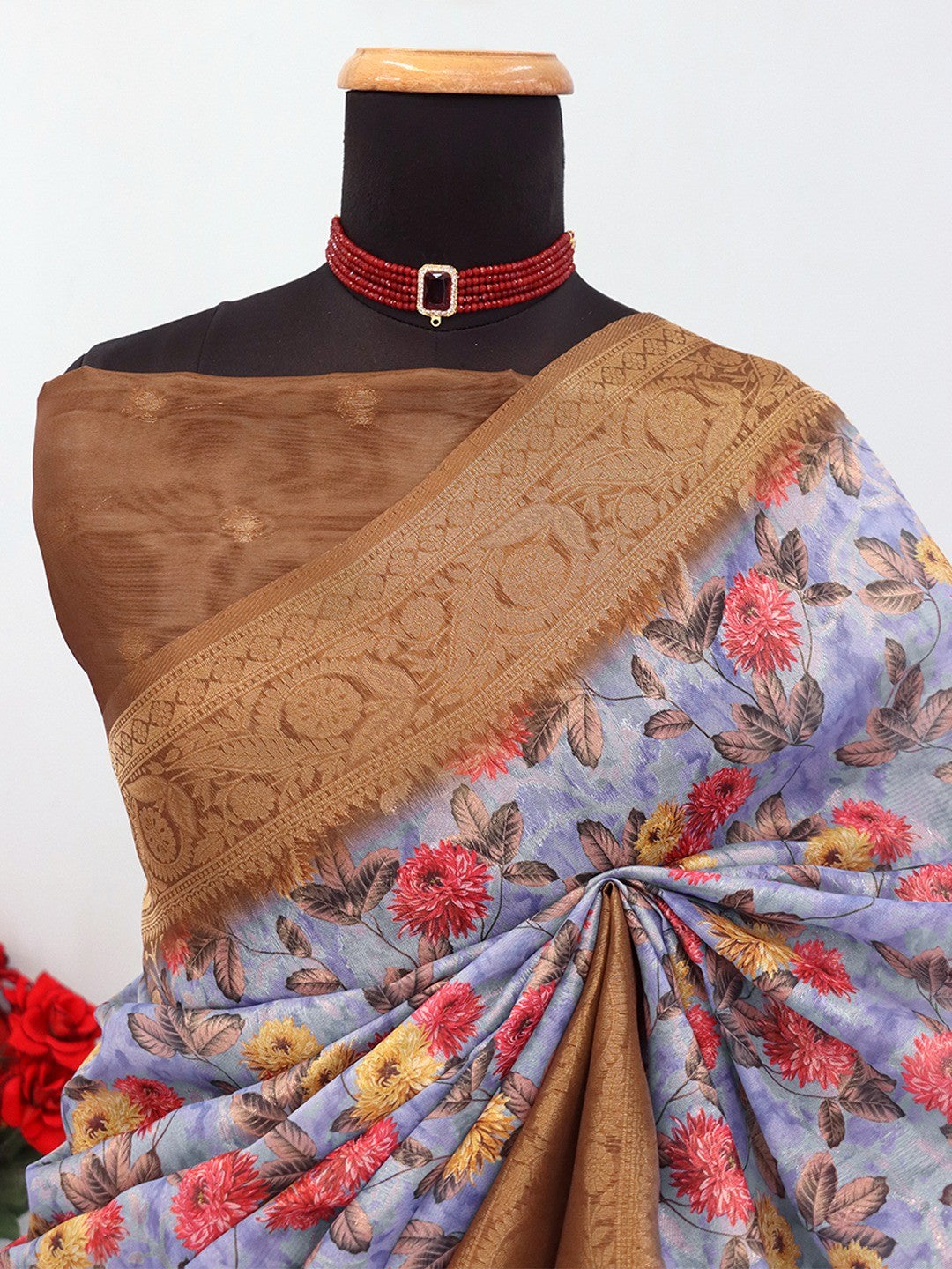 Graceful Greyish Blue & Brown Floral Digital Printed Burbury Silk Blend Saree With Jacquard Weaving Border - Image 3