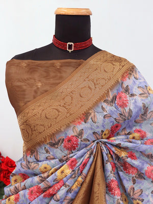Graceful Greyish Blue & Brown Floral Digital Printed Burbury Silk Blend Saree With Jacquard Weaving Border - Image 2