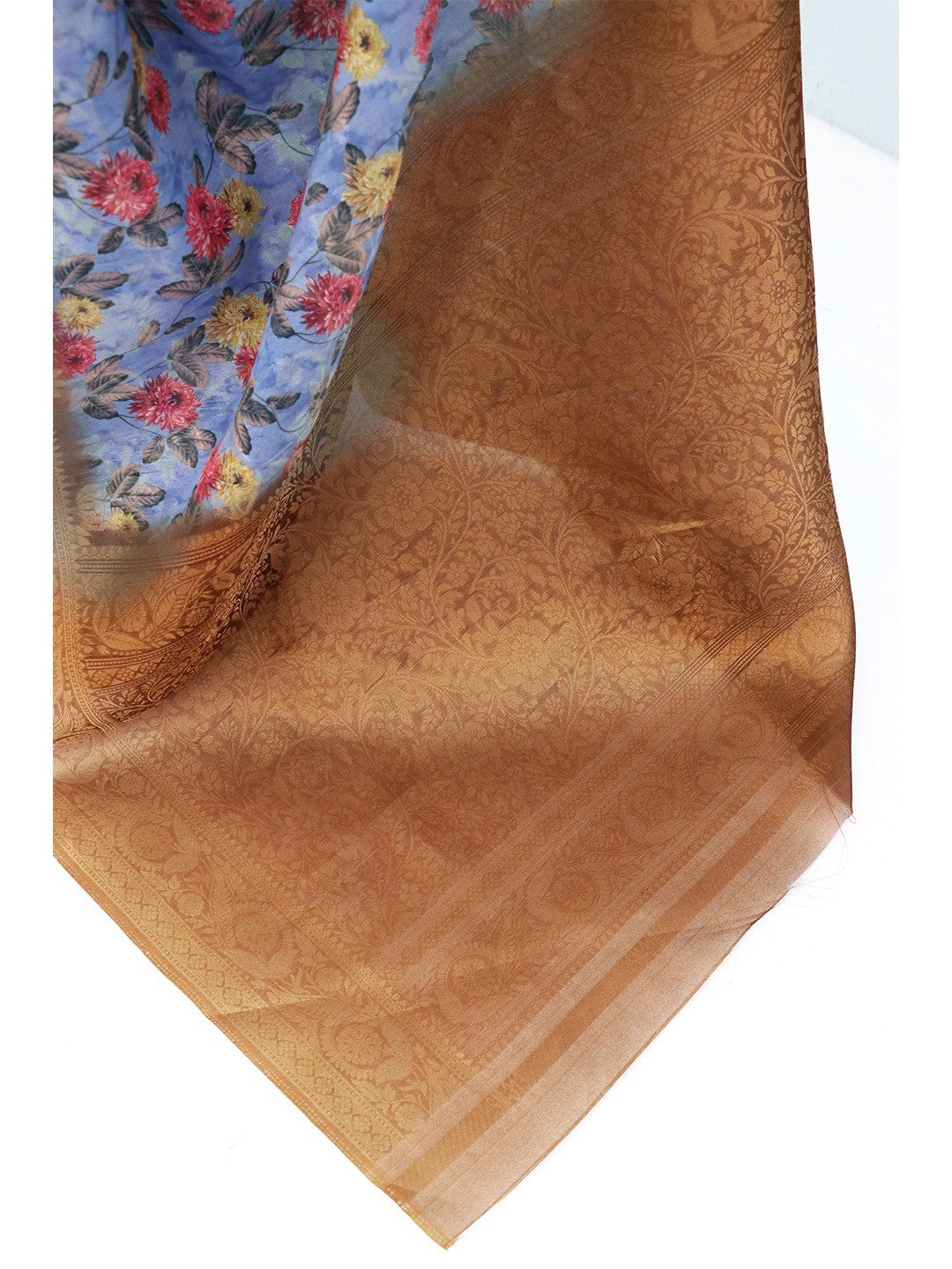 Graceful Greyish Blue & Brown Floral Digital Printed Burbury Silk Blend Saree With Jacquard Weaving Border - Image 2