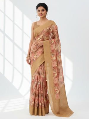 Graceful Peach Floral Digital Printed Burbury Silk Blend Saree With Jacquard Weaving Border - Image 1