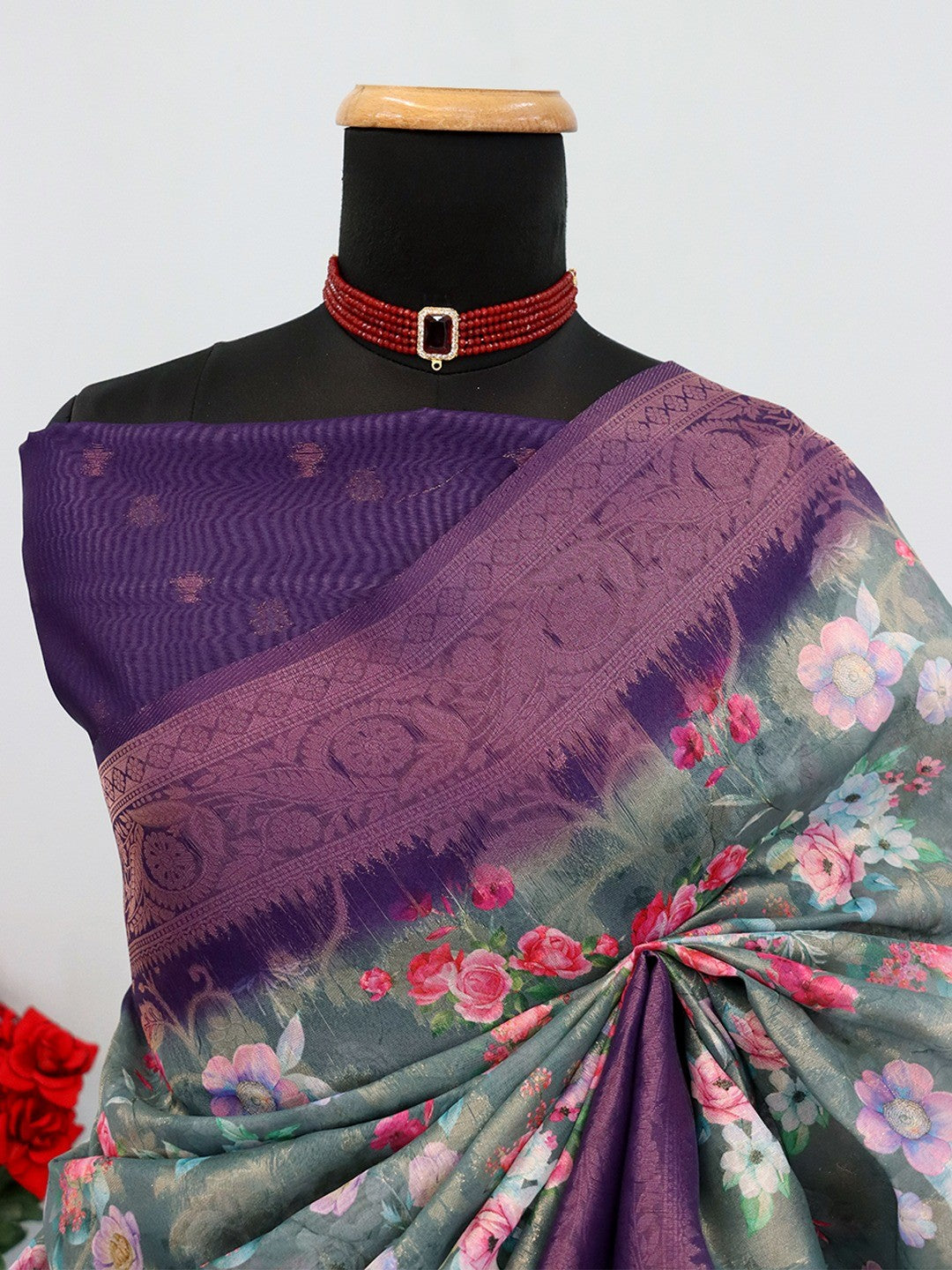 Graceful Dusty Teal Floral Digital Printed Burbury Silk Blend Saree With Jacquard Weaving Border - Image 3