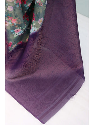Graceful Dusty Teal Floral Digital Printed Burbury Silk Blend Saree With Jacquard Weaving Border - Image 2