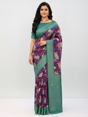 Graceful Purple & Rama Floral Digital Printed Burbury Silk Blend Saree With Jacquard Weaving Border - Image 1