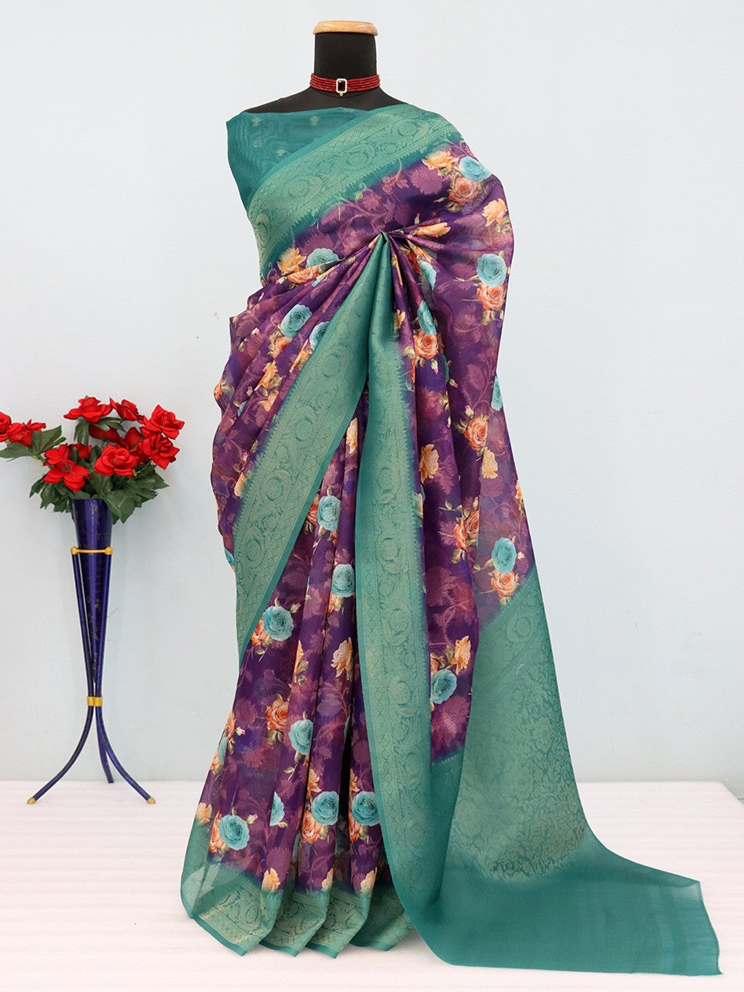 Graceful Purple & Rama Floral Digital Printed Burbury Silk Blend Saree With Jacquard Weaving Border - Image 4