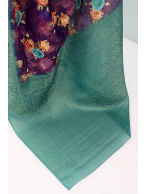 Graceful Purple & Rama Floral Digital Printed Burbury Silk Blend Saree With Jacquard Weaving Border - Image 2