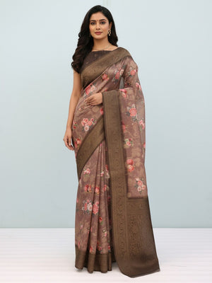 Classic Brown Floral Digital Print Burbury Silk Blend Saree With Jacquard Woven Border & Pallu - Image 1