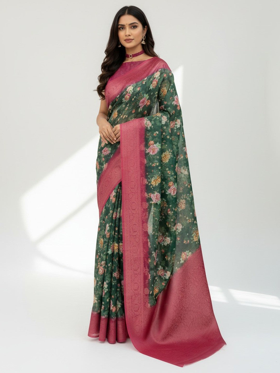Classic Green & Pink Floral Digital Print Burbury Silk Blend Saree With Jacquard Woven Border & Pallu - Image 1