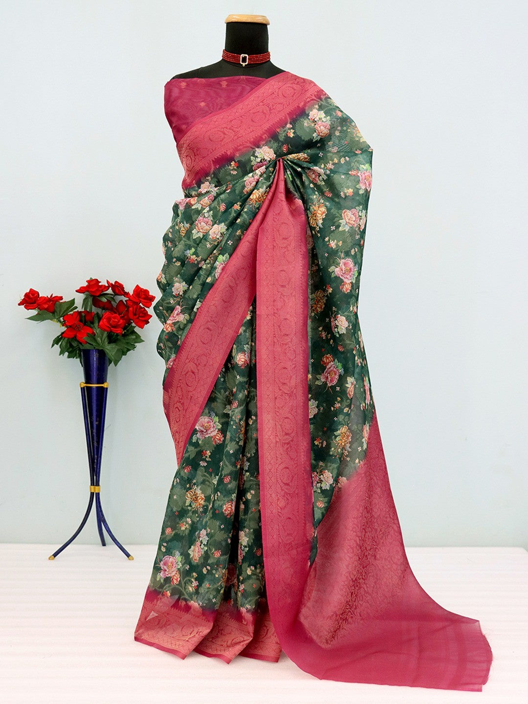 Classic Green & Pink Floral Digital Print Burbury Silk Blend Saree With Jacquard Woven Border & Pallu - Image 4
