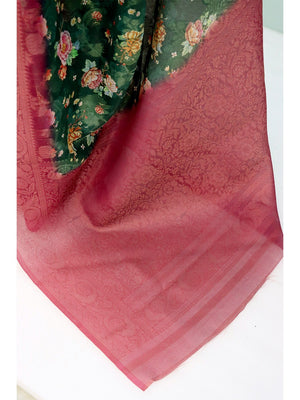 Classic Green & Pink Floral Digital Print Burbury Silk Blend Saree With Jacquard Woven Border & Pallu - Image 2