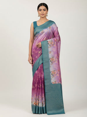 Classic Purple & Blue Floral Digital Print Burbury Silk Blend Saree With Jacquard Woven Border - Image 1
