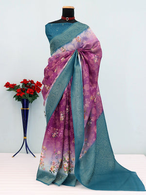 Classic Purple & Blue Floral Digital Print Burbury Silk Blend Saree With Jacquard Woven Border - Image 2