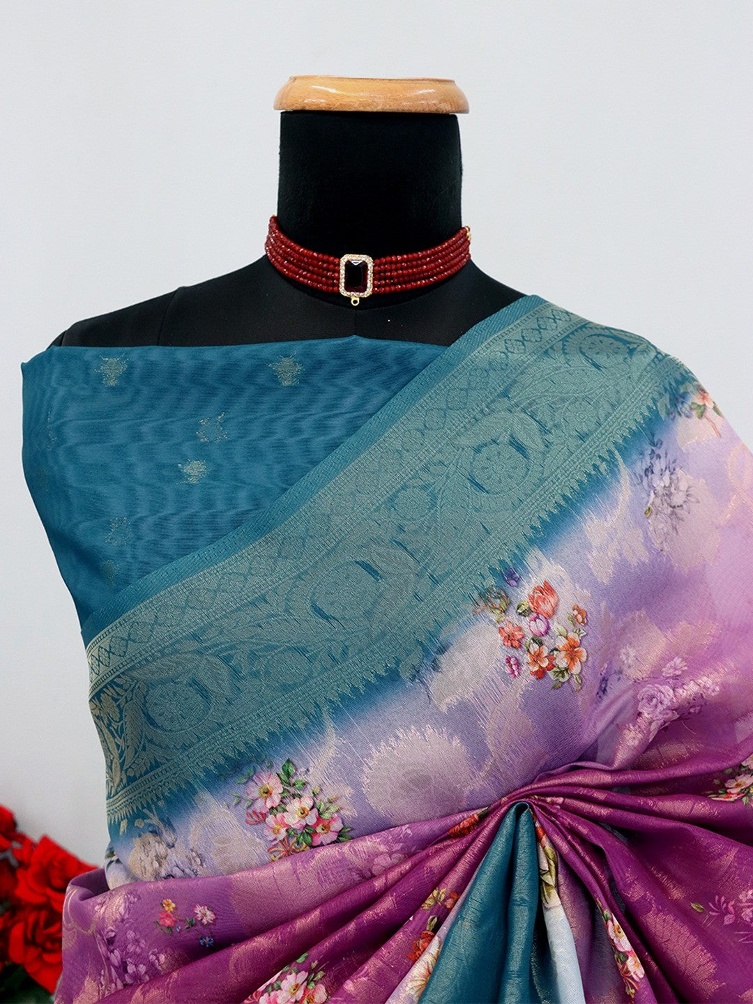 Classic Purple & Blue Floral Digital Print Burbury Silk Blend Saree With Jacquard Woven Border - Image 3