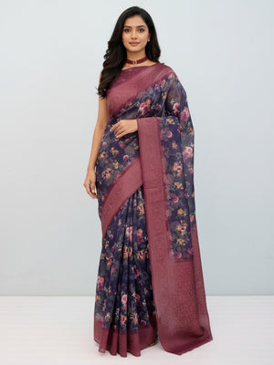 Classic Navy Blue & Wine Floral Digital Print Burbury Silk Blend Saree With Jacquard Woven Border - Image 1
