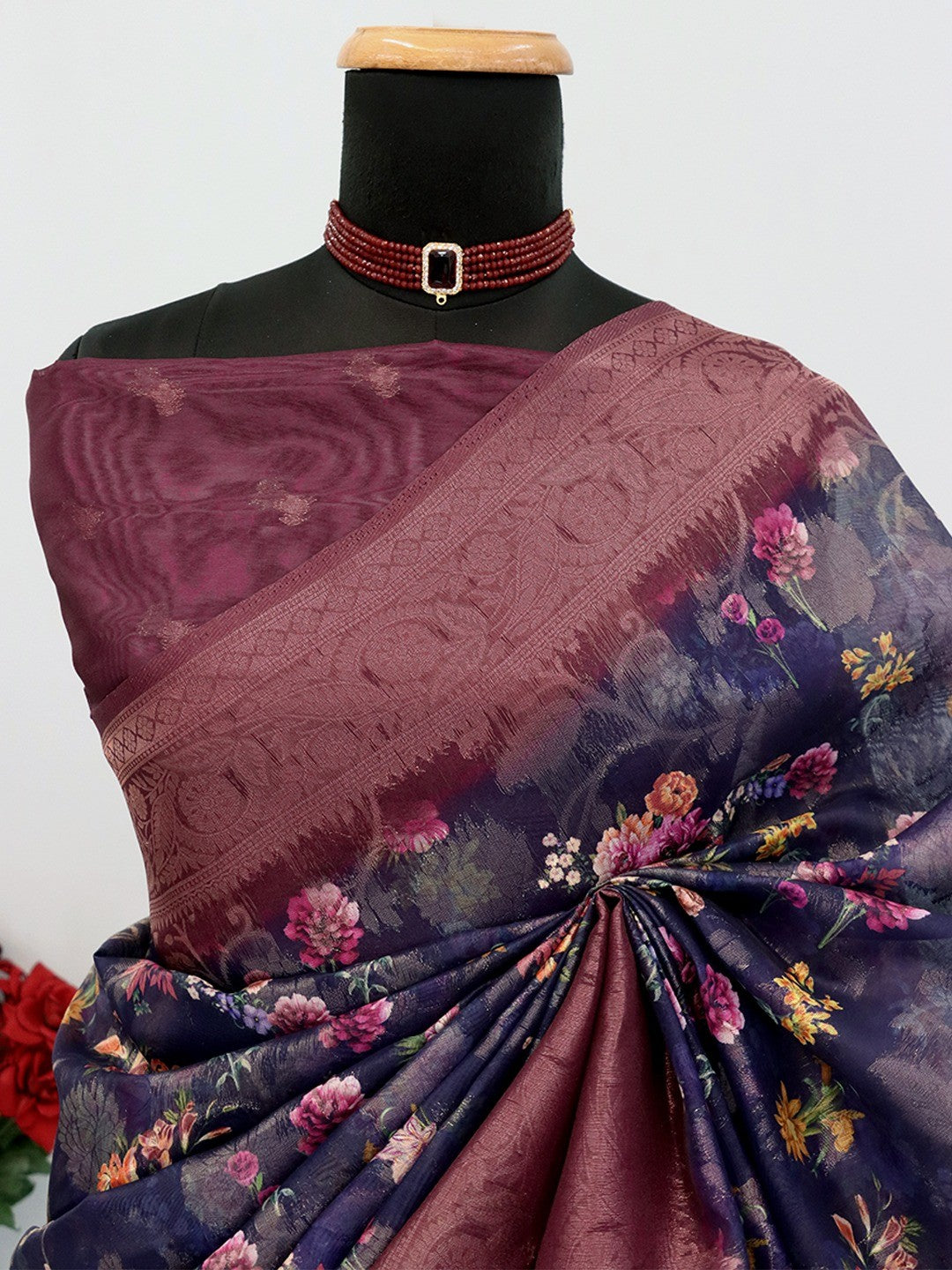 Classic Navy Blue & Wine Floral Digital Print Burbury Silk Blend Saree With Jacquard Woven Border - Image 3