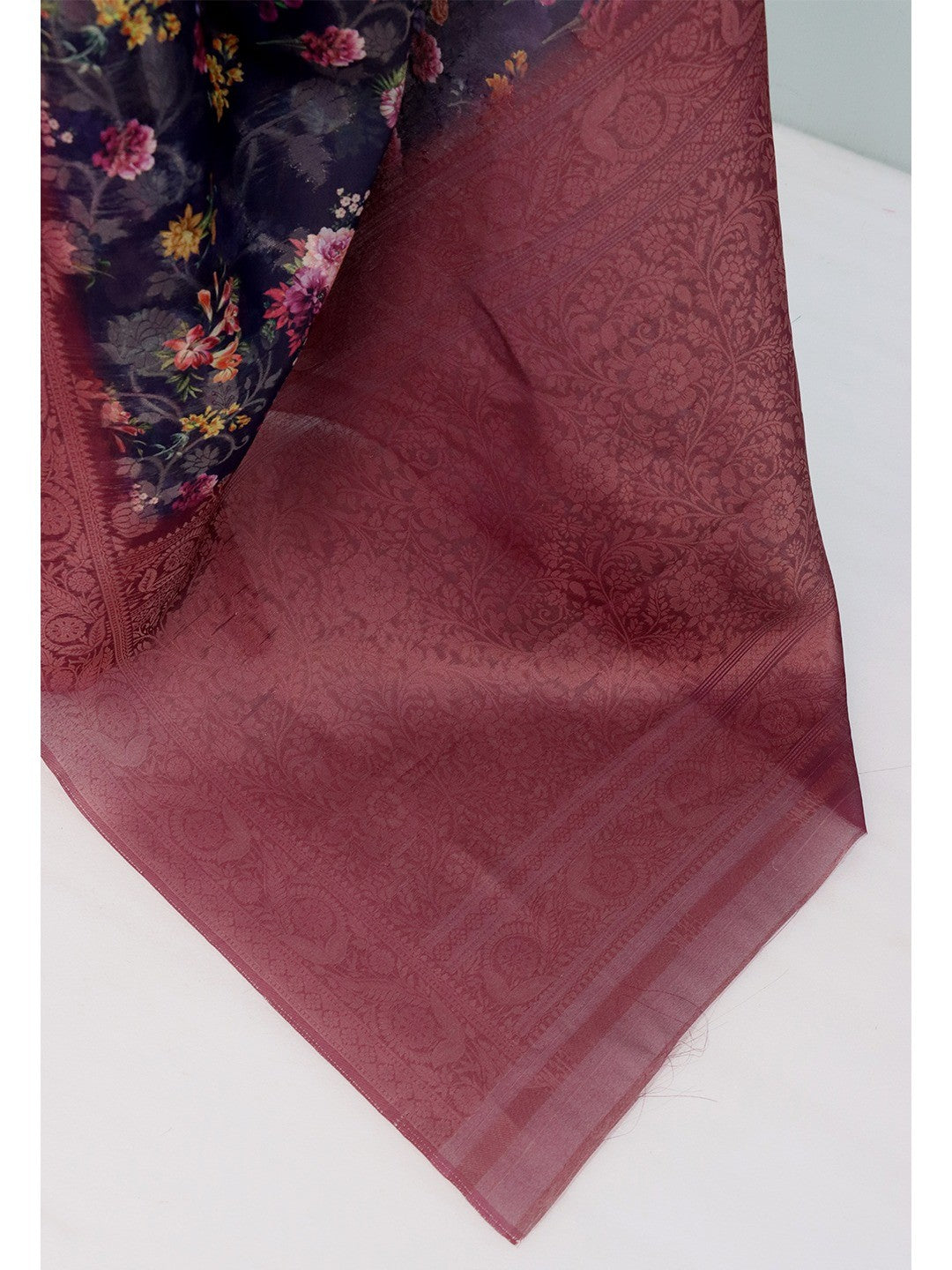 Classic Navy Blue & Wine Floral Digital Print Burbury Silk Blend Saree With Jacquard Woven Border - Image 2