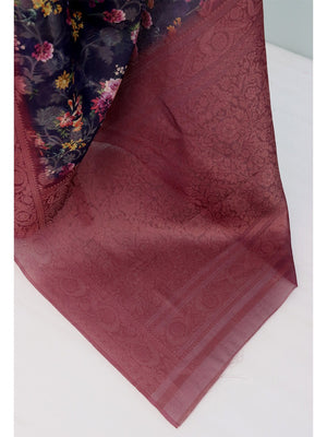 Classic Navy Blue & Wine Floral Digital Print Burbury Silk Blend Saree With Jacquard Woven Border - Image 2