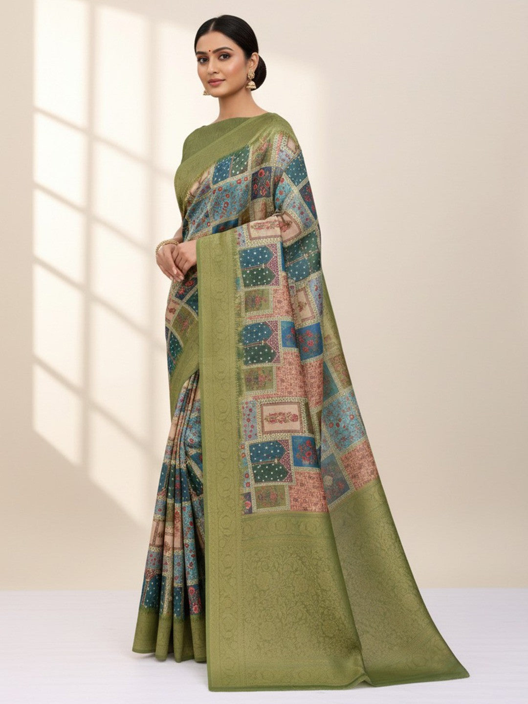 Classic Green Floral Digital Print Burbury Silk Blend Saree With Jacquard Woven Border & Pallu - Image 1