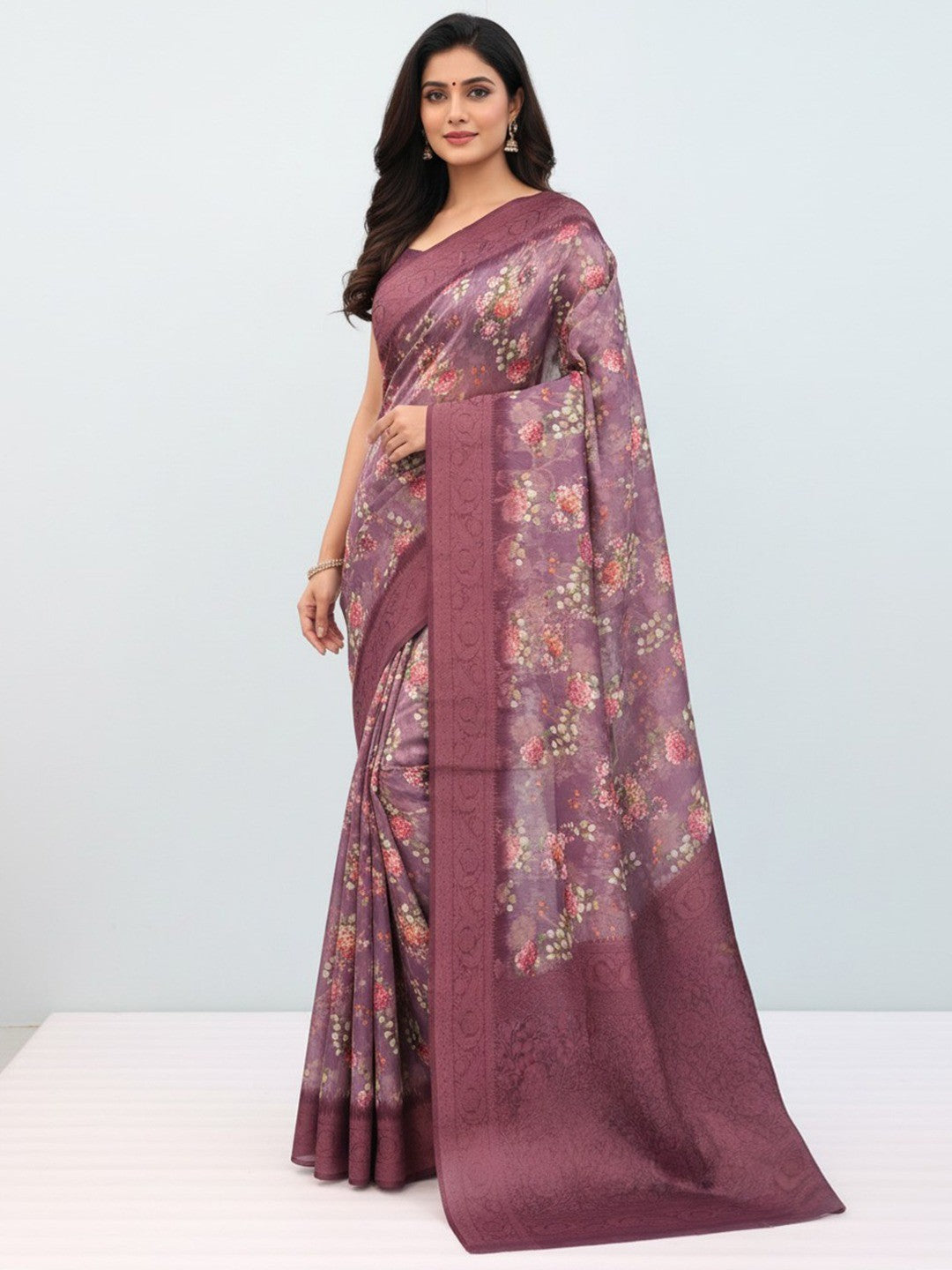 Classic Wine Floral Digital Print Burbury Silk Blend Saree With Jacquard Woven Border - Image 1