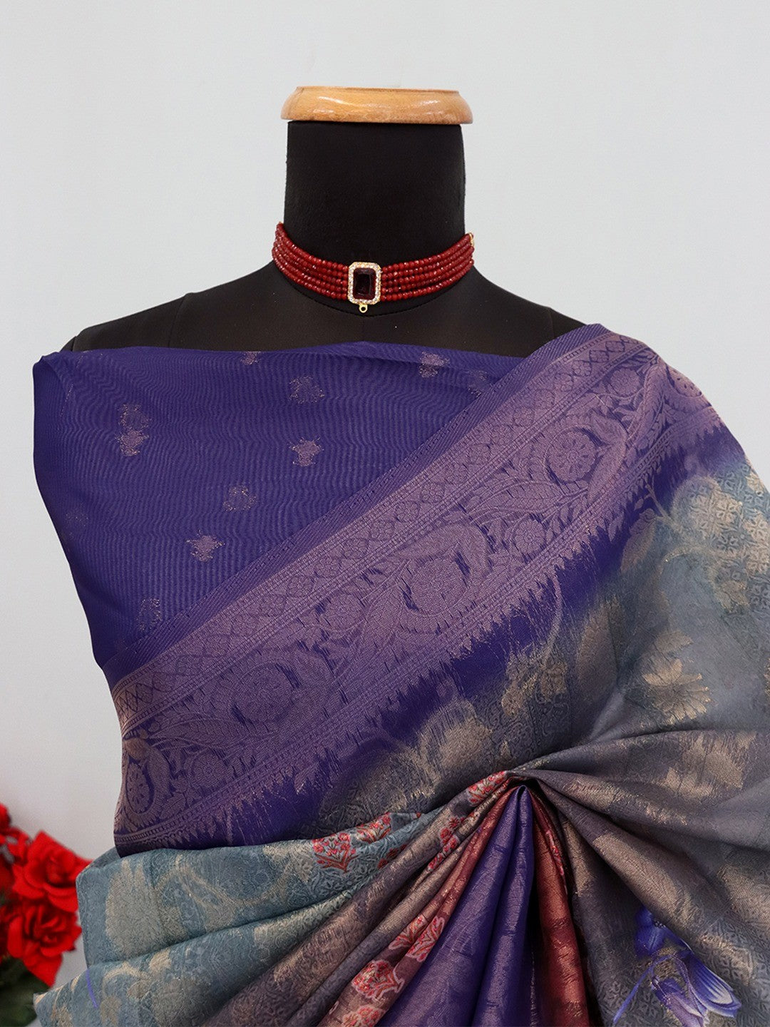 Classic Multicolor Floral Digital Print Burbury Silk Blend Saree With Jacquard Woven Border & Pallu - Image 3