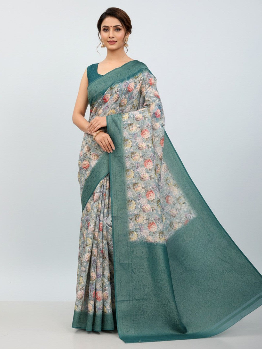 Classic Sky Blue Floral Digital Print Burbury Silk Blend Saree With Jacquard Woven Border & Pallu - Image 1