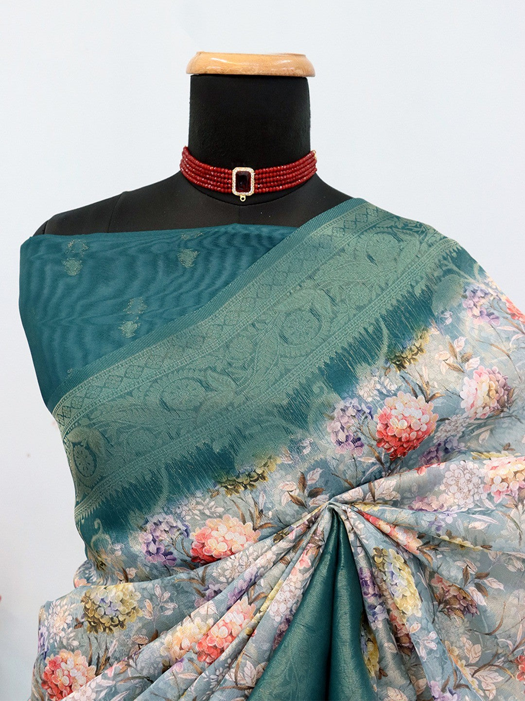 Classic Sky Blue Floral Digital Print Burbury Silk Blend Saree With Jacquard Woven Border & Pallu - Image 3