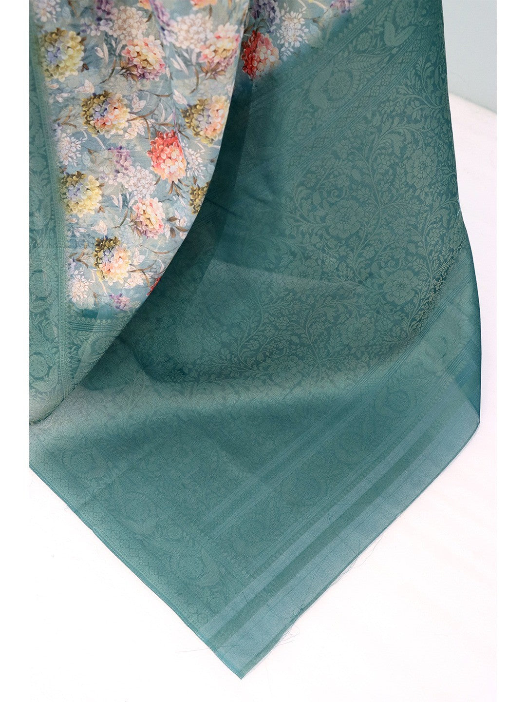 Classic Sky Blue Floral Digital Print Burbury Silk Blend Saree With Jacquard Woven Border & Pallu - Image 2