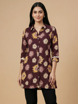 Wine Floral Print Rayon Top for Casual and Daily Wear - Image 1