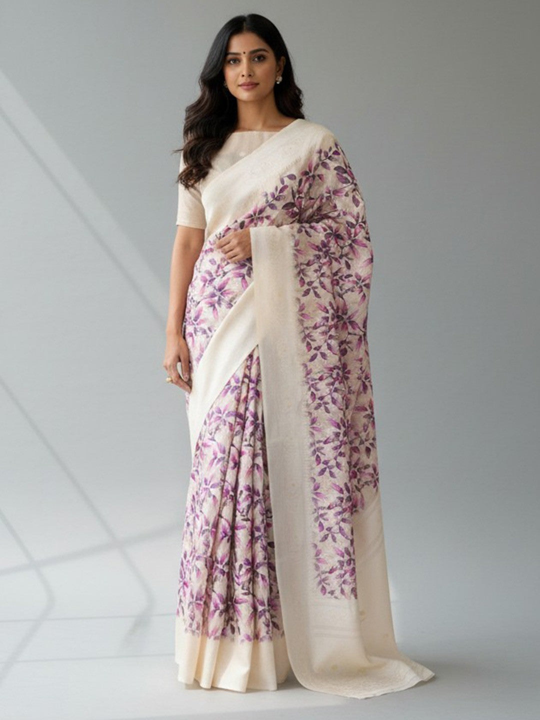 Cream Leaf Digital Print Silk Blend Lucknowi Saree With Jacquard Woven Border & Rich Pallu - Image 1