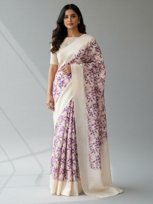Cream Leaf Digital Print Silk Blend Lucknowi Saree With Jacquard Woven Border & Rich Pallu - Image 1
