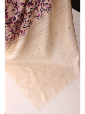 Cream Leaf Digital Print Silk Blend Lucknowi Saree With Jacquard Woven Border & Rich Pallu - Image 2