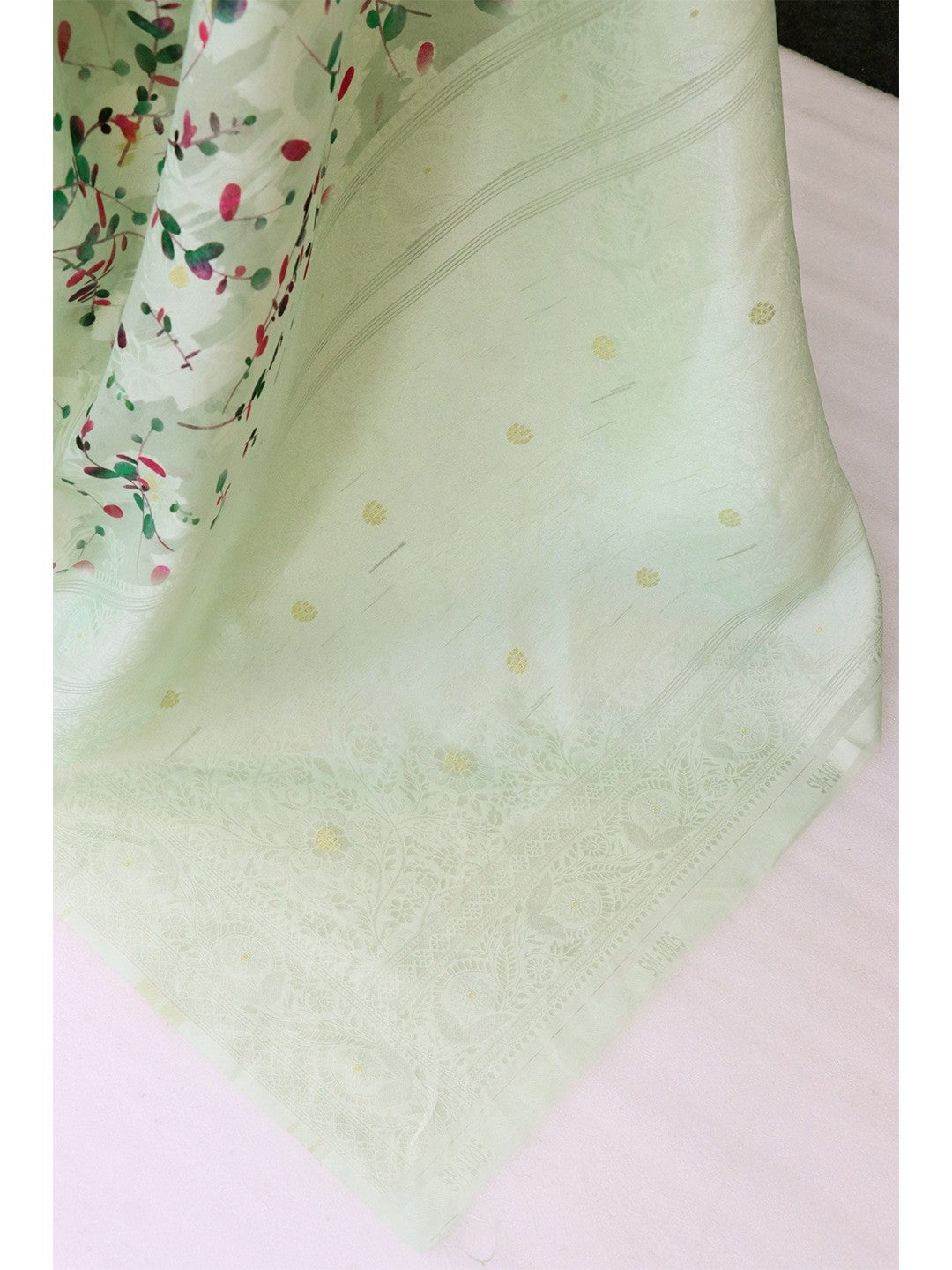 Mint Green Floral Digital Print Silk Blend Lucknowi Saree With Jacquard Woven Border & Rich Pallu - Image 2