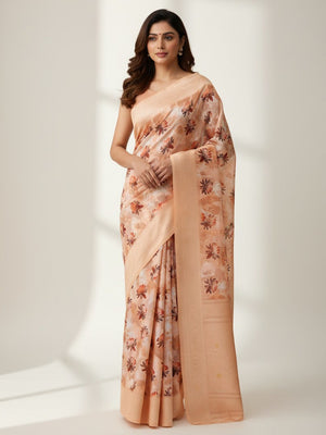 Peach Floral Digital Print Silk Blend Lucknowi Saree With Jacquard Woven Border & Rich Pallu - Image 1