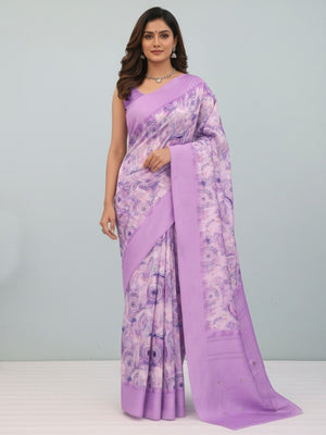 Lavender Digital Print Silk Blend Lucknowi Saree With Jacquard Woven Border & Rich Pallu - Image 1