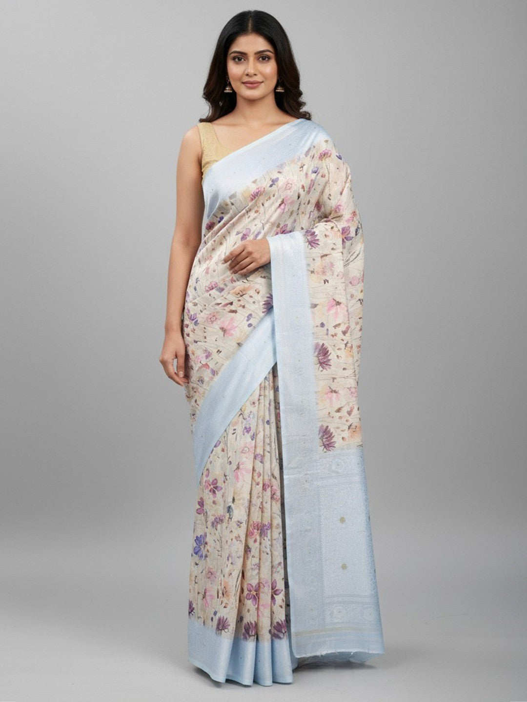Beige & Blue Floral Digital Print Silk Blend Lucknowi Saree With Jacquard Woven Border & Rich Pallu - Image 1