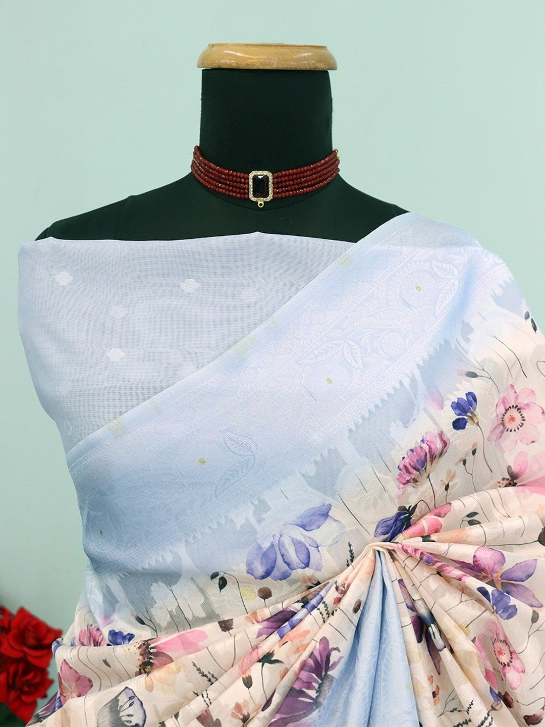 Beige & Blue Floral Digital Print Silk Blend Lucknowi Saree With Jacquard Woven Border & Rich Pallu - Image 3
