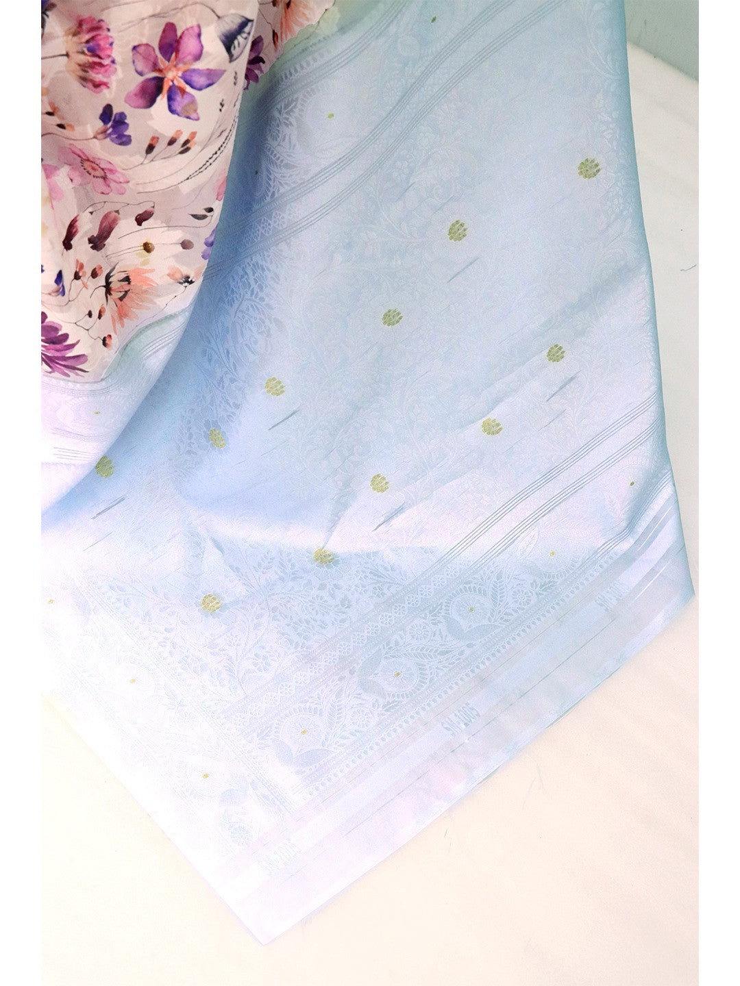 Beige & Blue Floral Digital Print Silk Blend Lucknowi Saree With Jacquard Woven Border & Rich Pallu - Image 2