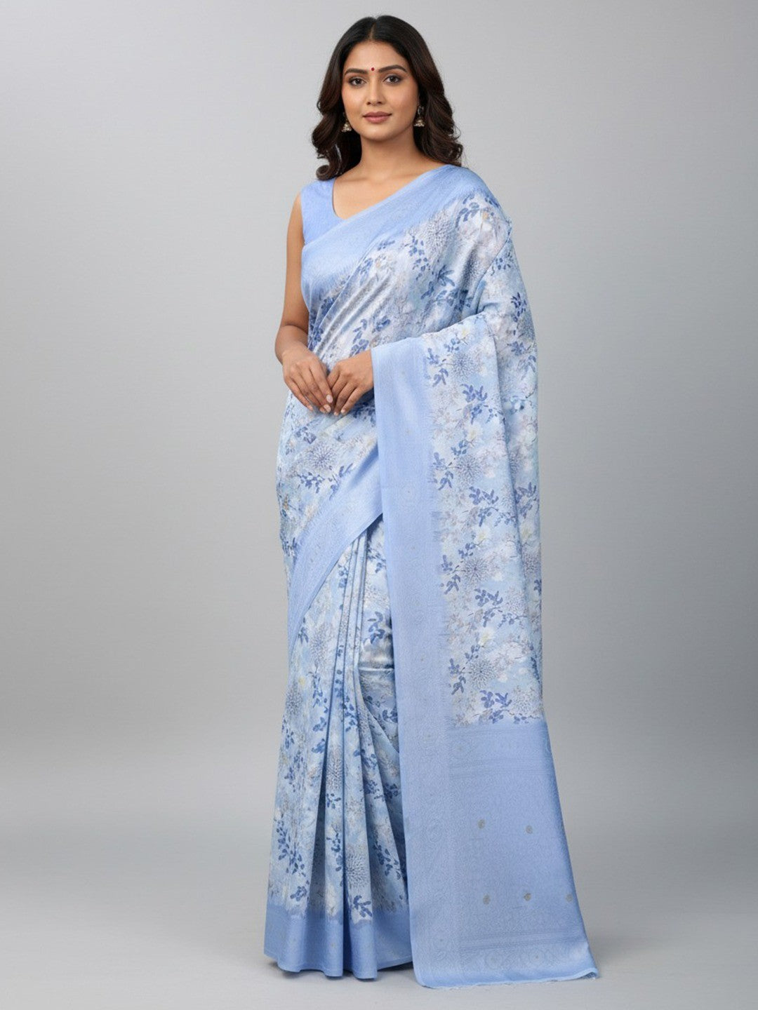 Sky Blue Floral Digital Printed Silk Blend Lucknowi Saree With Jacquard Woven Border & Pallu - Image 1
