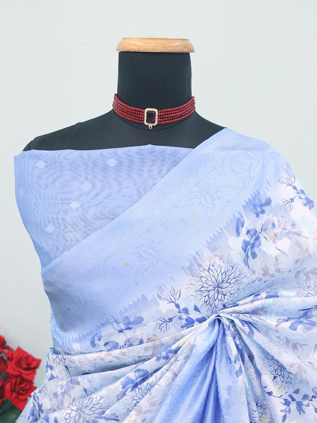 Sky Blue Floral Digital Printed Silk Blend Lucknowi Saree With Jacquard Woven Border & Pallu - Image 3