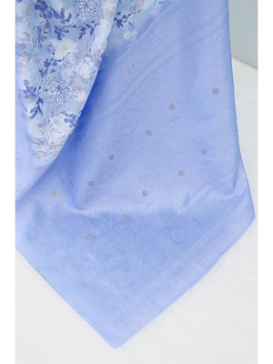 Sky Blue Floral Digital Printed Silk Blend Lucknowi Saree With Jacquard Woven Border & Pallu - Image 2